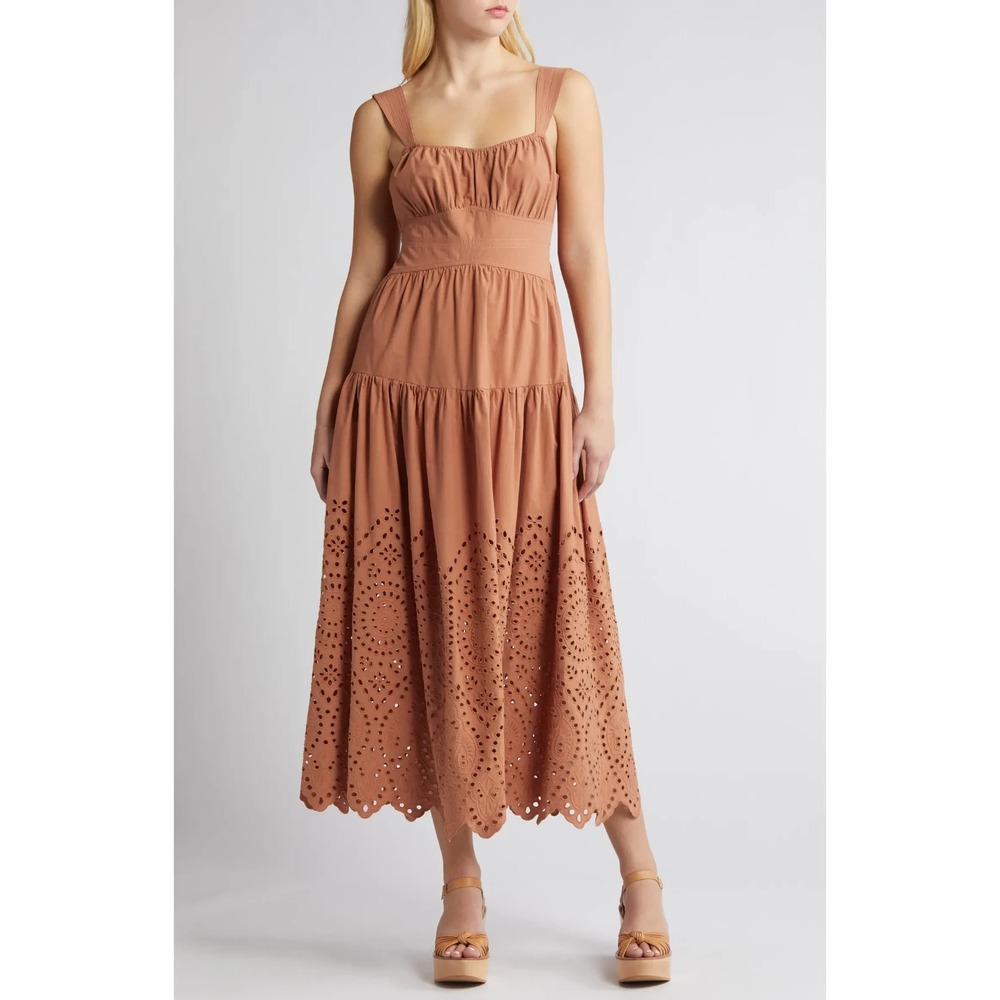 NWT Moon River nordstrom Eyelet 100% Cotton Midi Sundress Terracotta size M